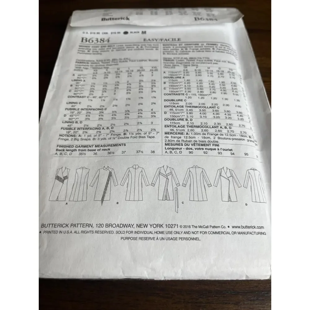 Butterick Pattern B6384 Easy Misses' Coat Vest Belt Womens Sz XS, S, & M - UNCUT